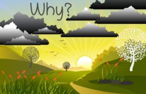 A stylised country sunset scene with 'why' in letters floating in the air