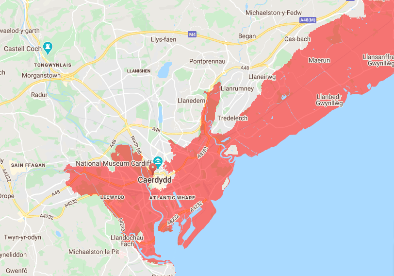 Areas of Cardiff which will experience coastal flooding on an annual basis by 2050 in red