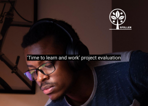 A partial picture of the front cover of a report, with a man wearing spectacles and the heading ''time to learn and work' project evaluation